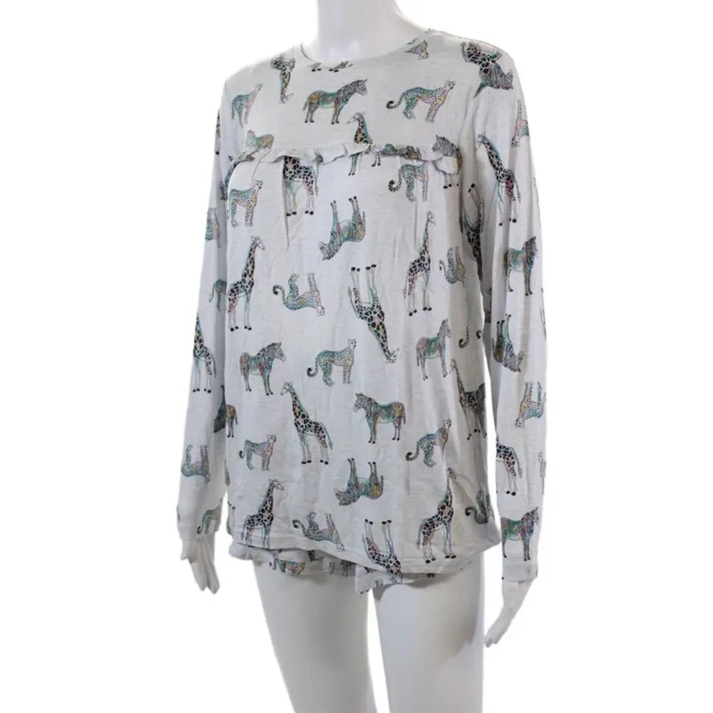 Emerson Road Womens Ruffled Giraffe Print Long Sleeve Pajama Set Gray Size S